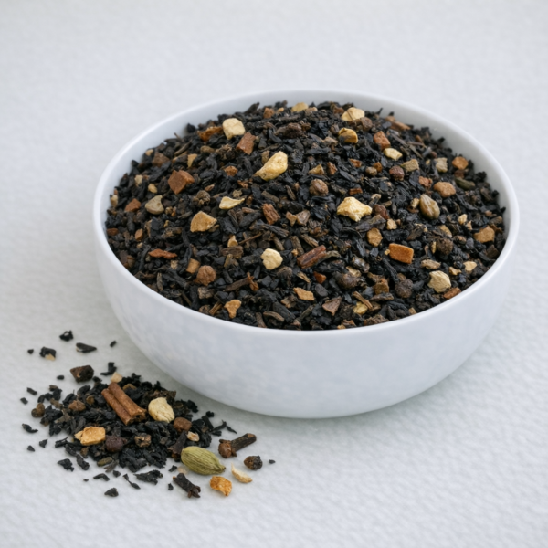 Sort Chai Te i løsvægt fra Carstensens Tehandel. Med kanel, kardemomme stykker.